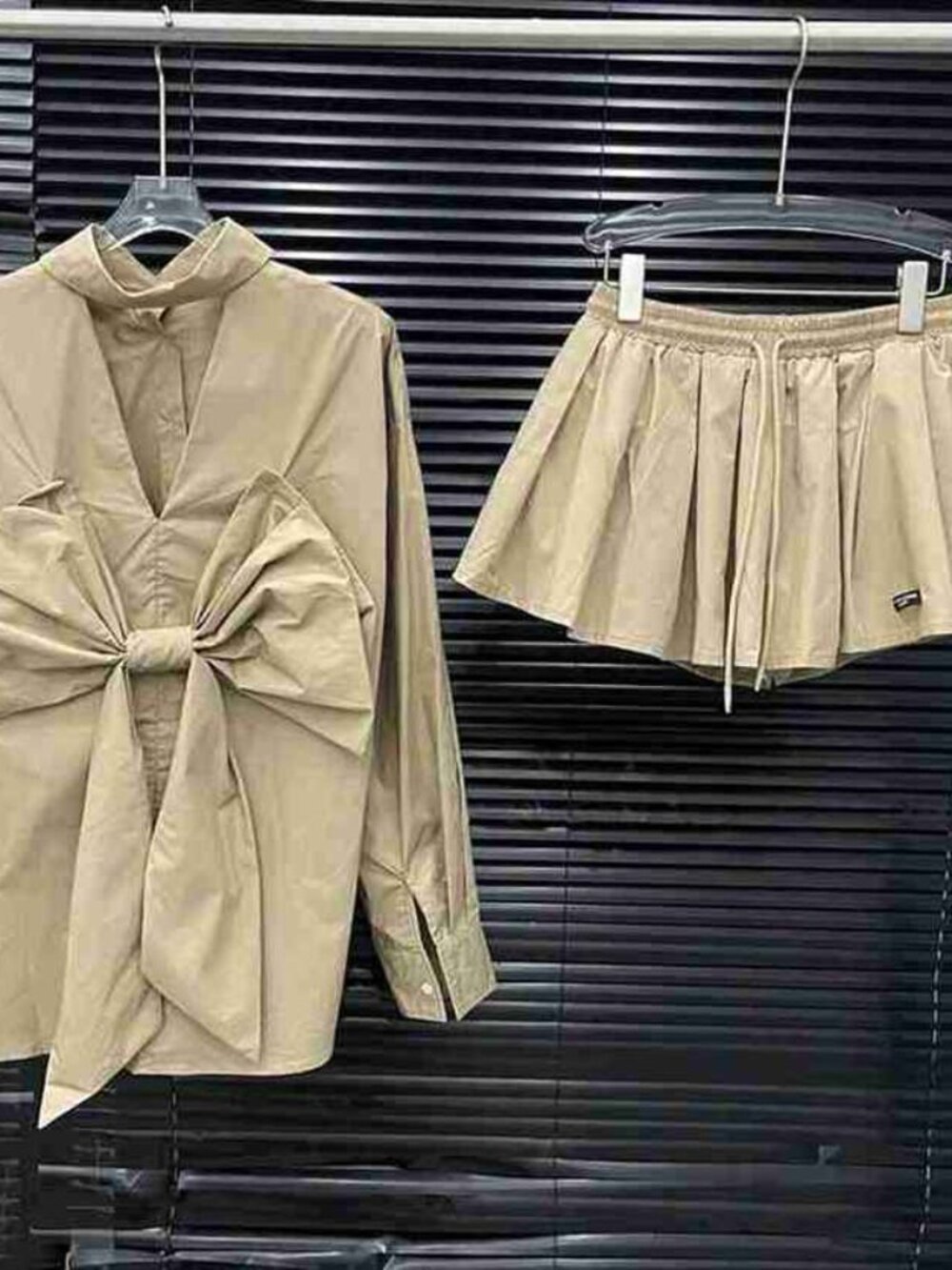 Khaki Bow Tie Shirt & Pleated Skirt Set